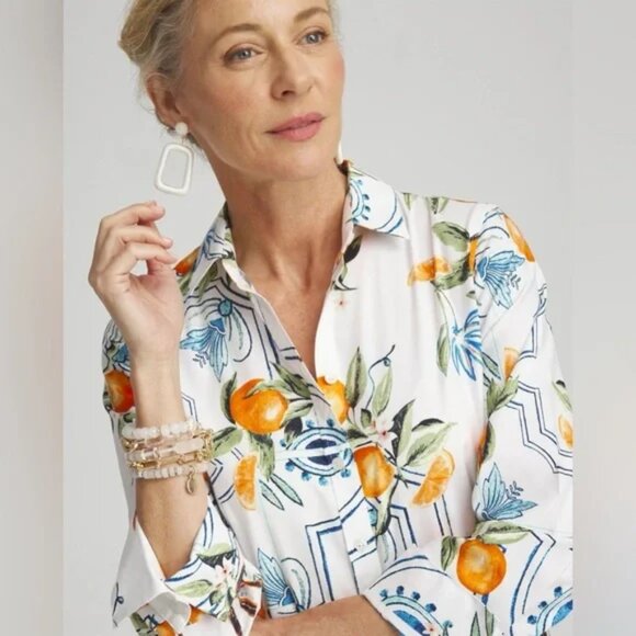 Chico's Island Oranges Tile Button Down Shirt 6 - Picture 3 of 16